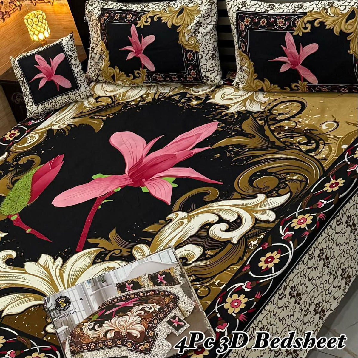 4Pc 3D Panel Bedsheet – Premium Crystal Cotton King Size