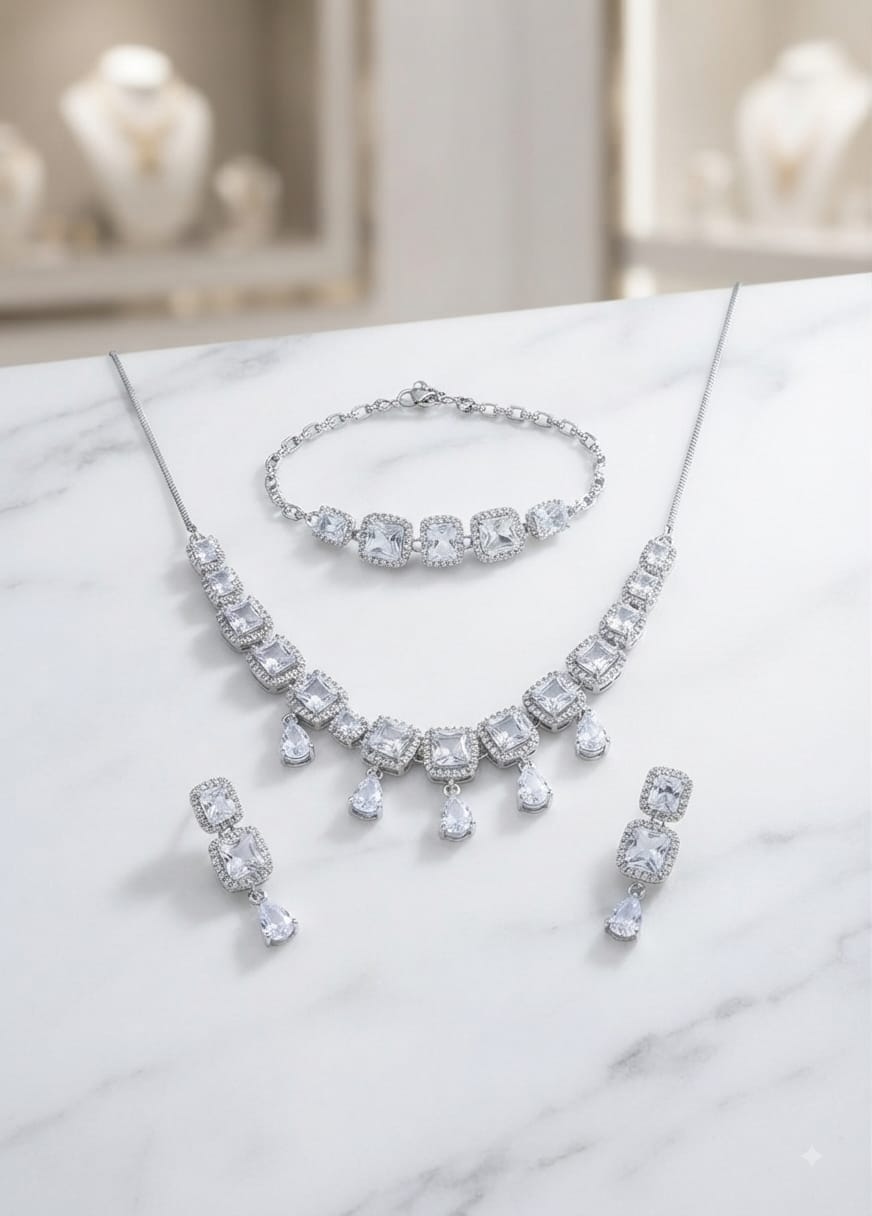 Elegant Gold & Silver Tone Zircon Necklace Set | Luxury Bridal & Party Wear Jewelry | Necklace, Bracelet & Drop Earrings Set
