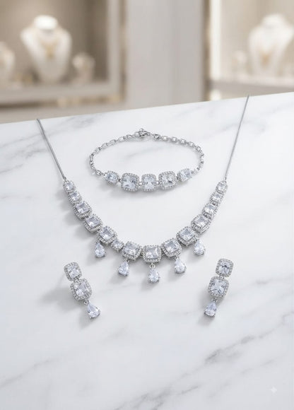 Elegant Gold & Silver Tone Zircon Necklace Set | Luxury Bridal & Party Wear Jewelry | Necklace, Bracelet & Drop Earrings Set