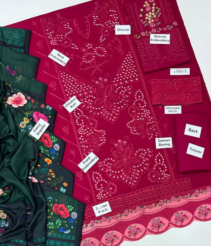 Saira Rizwan Dhanak Vol – Premium 3-Piece Boring Embroidered Suit with Digital Printed Pashmina Shawl (Unstitched) – New Arrival 2026