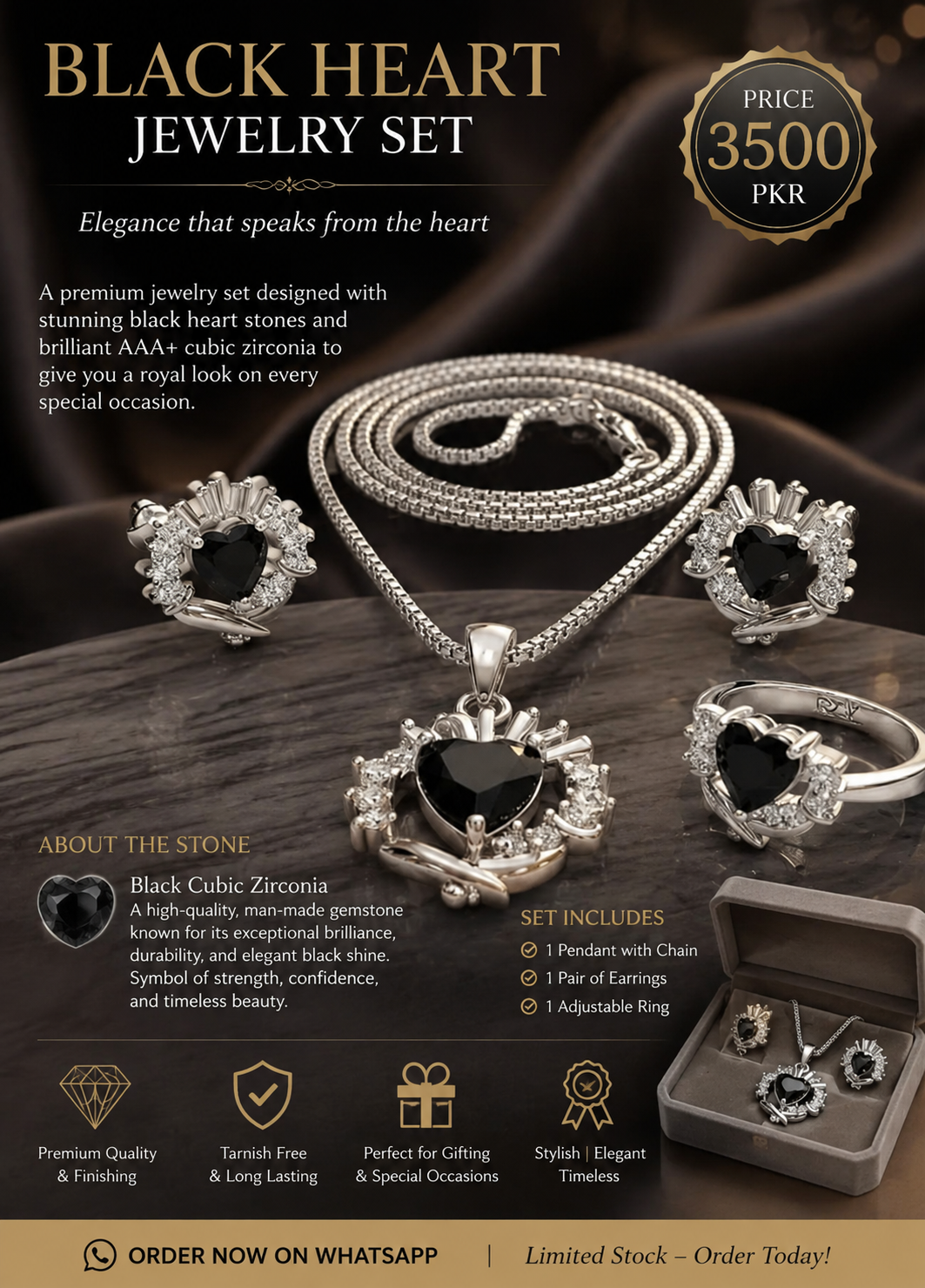 ✨ Black Heart Luxury Jewelry Set – Premium Elegant 3Pc Set | Necklace, Earrings & Adjustable Ring