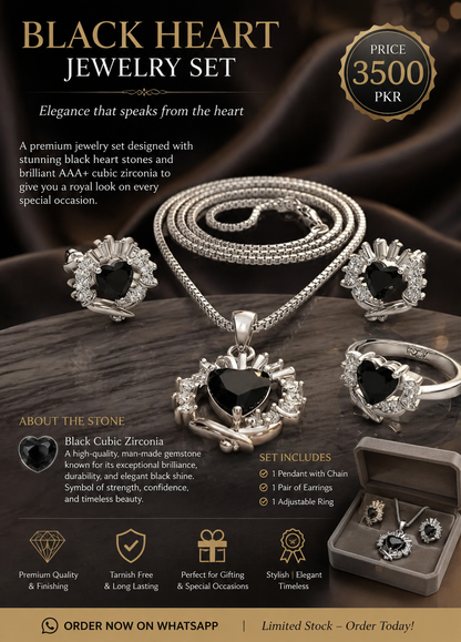 ✨ Black Heart Luxury Jewelry Set – Premium Elegant 3Pc Set | Necklace, Earrings & Adjustable Ring