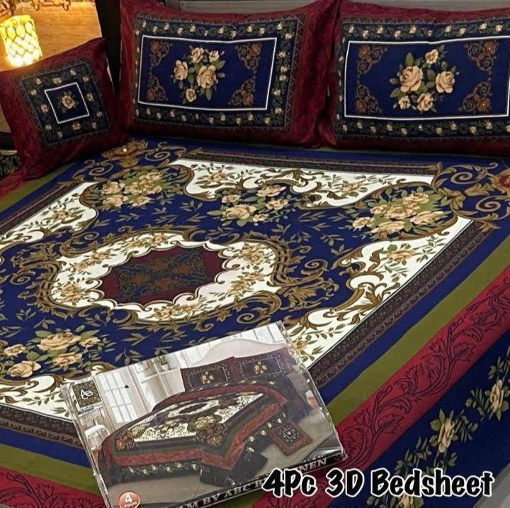 4Pc 3D Panel Bedsheet – Premium Crystal Cotton King Size