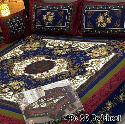 4Pc 3D Panel Bedsheet – Premium Crystal Cotton King Size