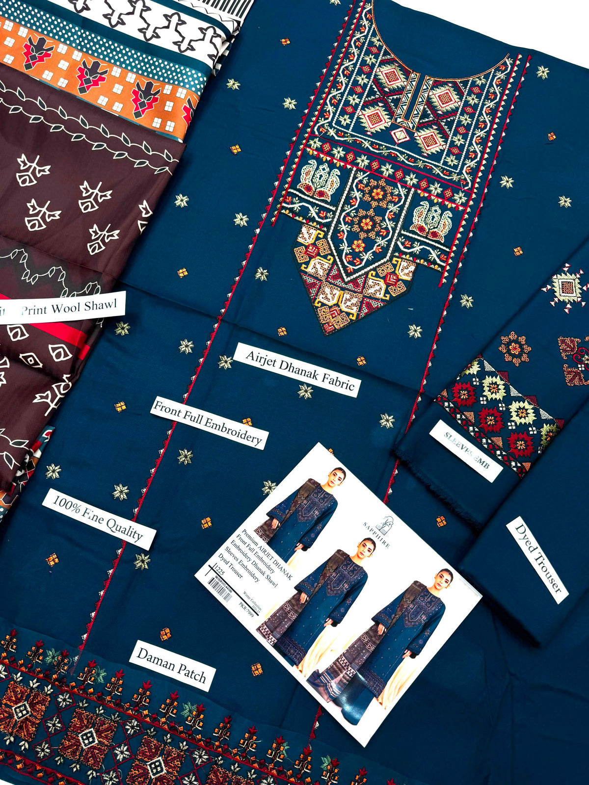 Premium Airjet Dhanak 3-Piece Suit with Embroidered Dhanak Shawl | Full Heavy Embroidery | Winter Collection 2026-27