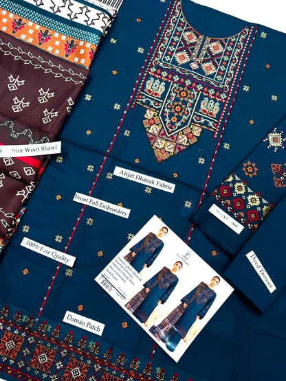 Premium Airjet Dhanak 3-Piece Suit with Embroidered Dhanak Shawl | Full Heavy Embroidery | Winter Collection 2026-27