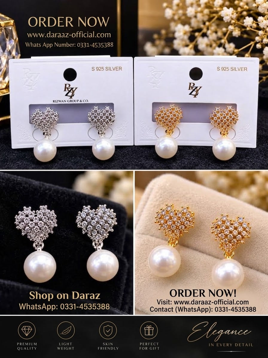 S925 Silver Plated Pearl Heart Earrings for Women - Premium Quality Crystal Tops