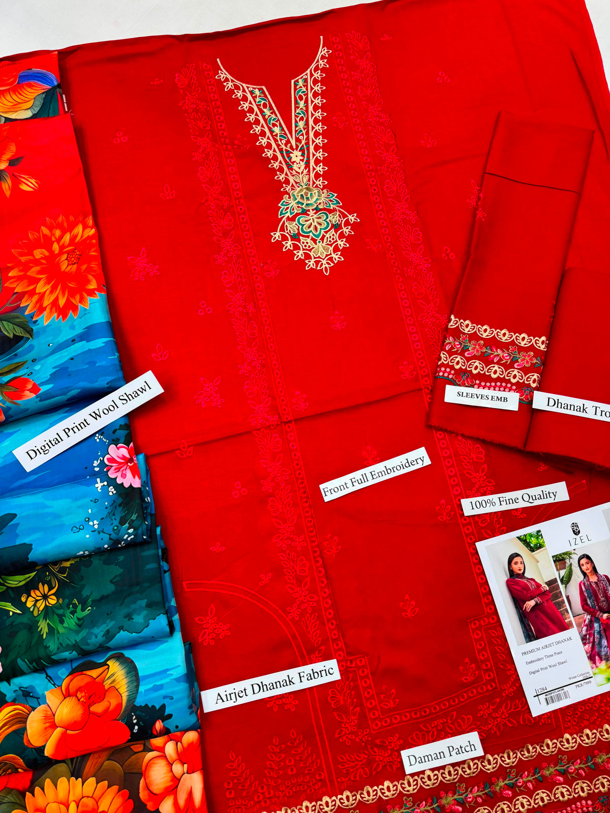 Premium Airjet Dhanak 3-Piece Suit with Digital Wool Shawl | Winter Collection 2026-27 | Full Embroidered Front & Sleeves