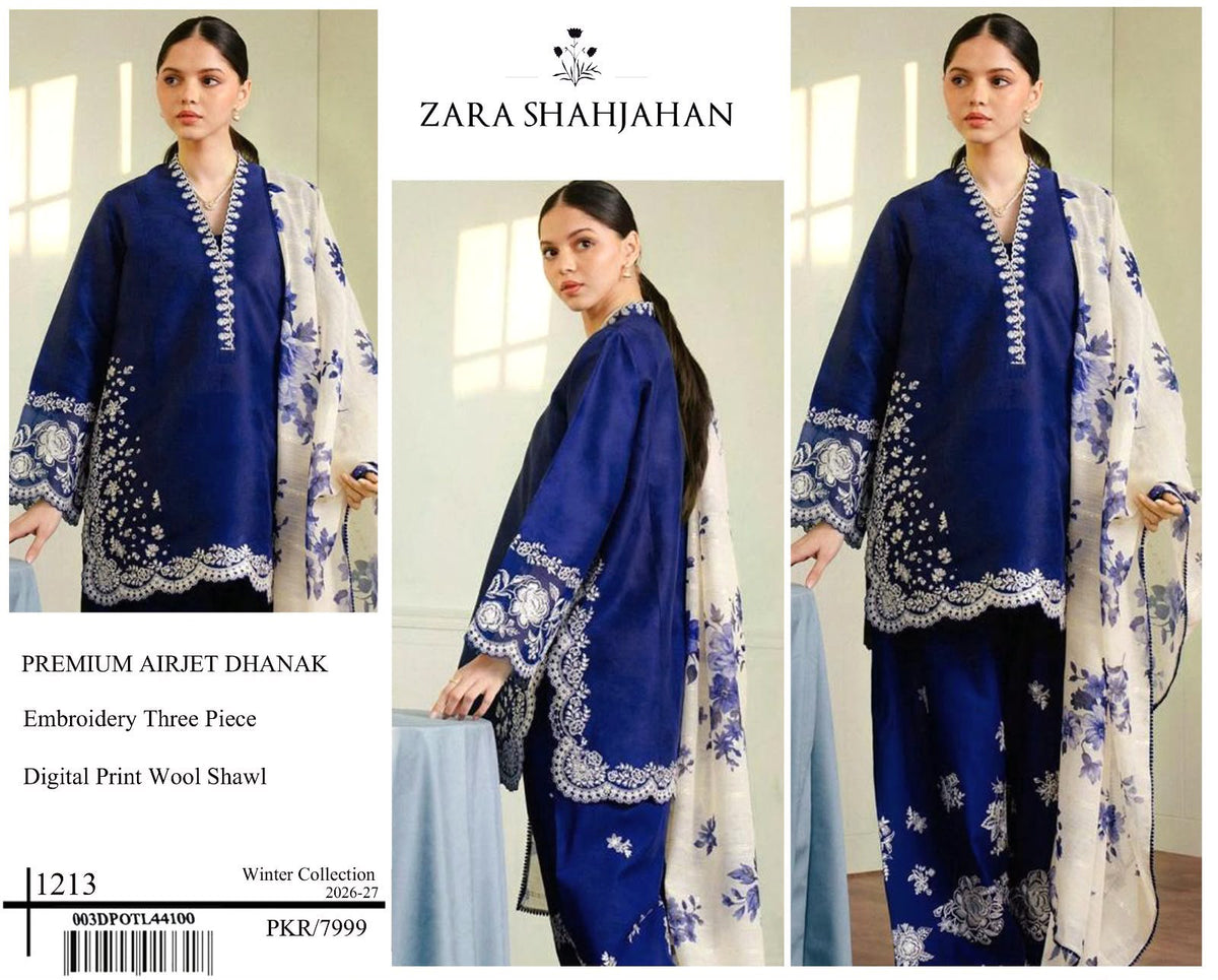 Zara Shahjahan Premium Dhanak Embroidered 3-Piece Suit | Digital Wool Shawl | Winter Collection 2026-27
