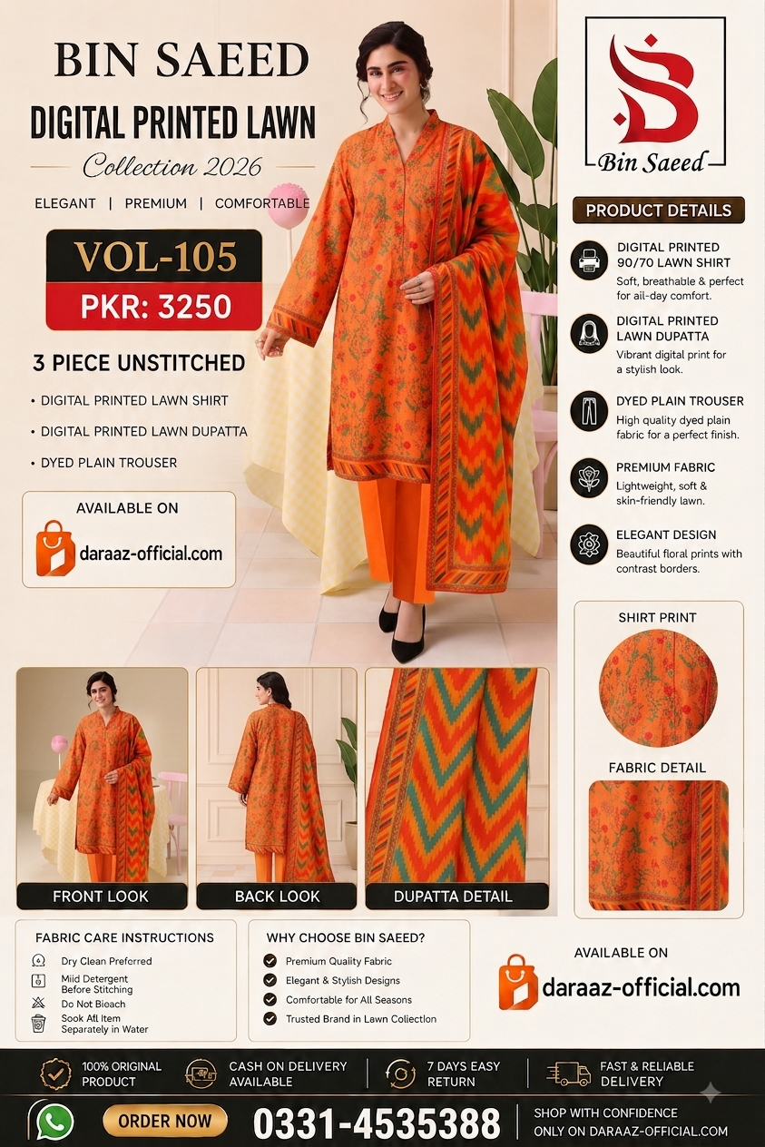 Bin Saeed Digital Printed Lawn Collection 2026 | 3 Piece Unstitched Lawn Suit | Vol-105 | Premium Printed Lawn Suit | PKR 3250