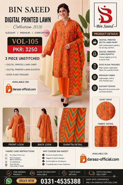Bin Saeed Digital Printed Lawn Collection 2026 | 3 Piece Unstitched Lawn Suit | Vol-105 | Premium Printed Lawn Suit | PKR 3250
