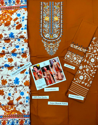 Premium Airjet Dhanak 3-Piece Suit with Digital Wool Shawl | Winter Collection 2026-27 | Full Embroidered Front & Sleeves