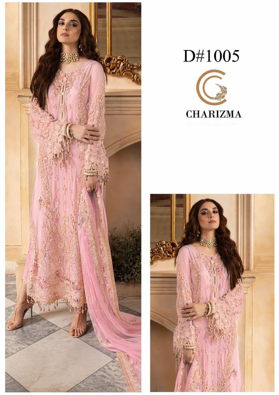 Charizma Premium Heavy Embroidered 3-Piece Unstitched Suit | Chiffon Adda Work | Bareeza Net Dupatta | Wholesale Rs. 8500