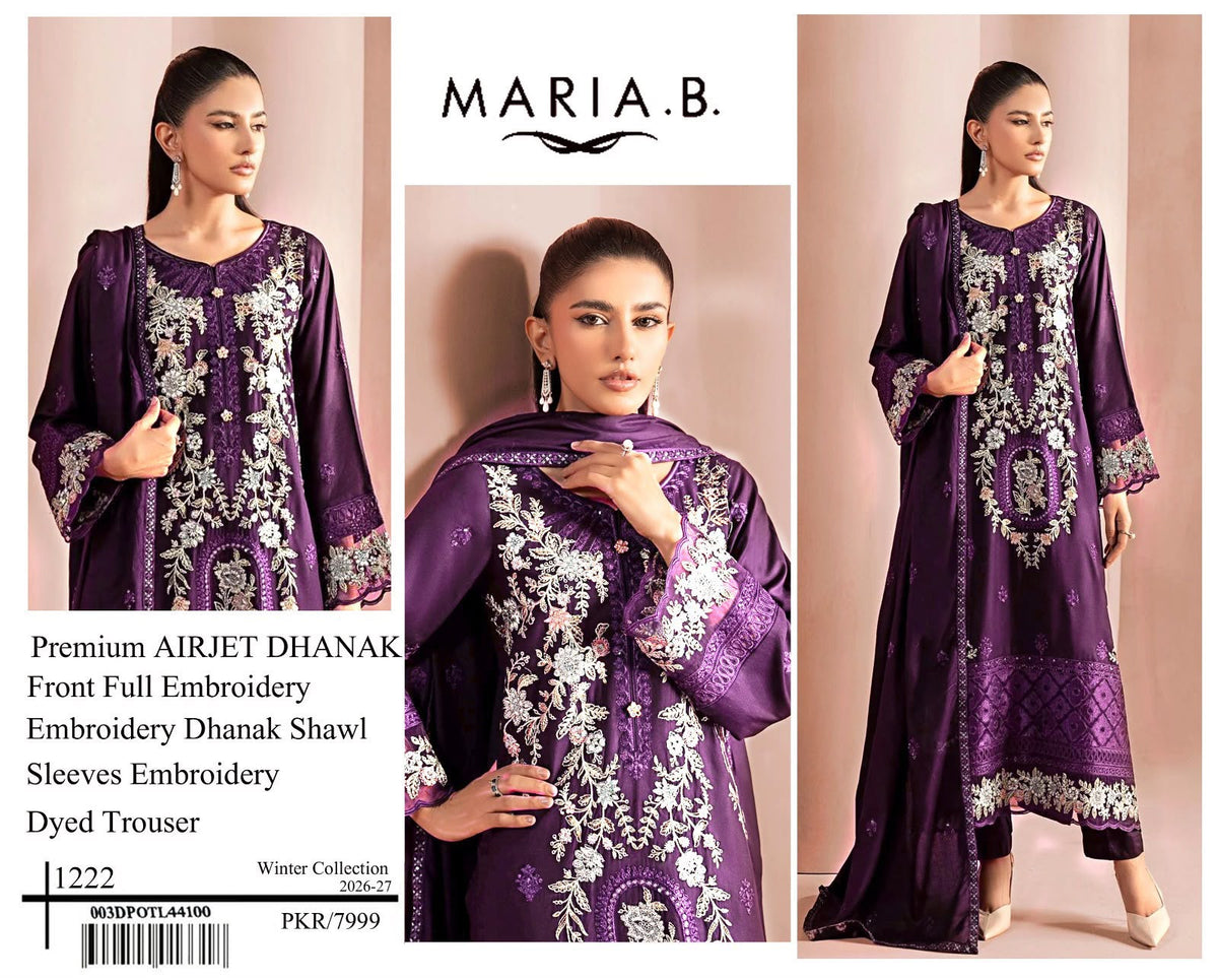 Premium Airjet Dhanak Embroidered 3-Piece Suit with Embroidered Dhanak Shawl | Heavy Front & Sleeves Embroidery | Dyed Trouser | Winter Collection 2026-27