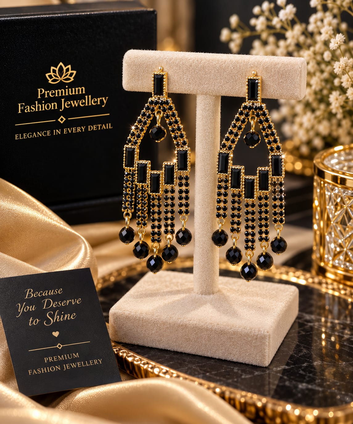 Elegant Black Crystal Gold-Plated Long Dangle Earrings for Women | Designer Party Wear Chandelier Earrings