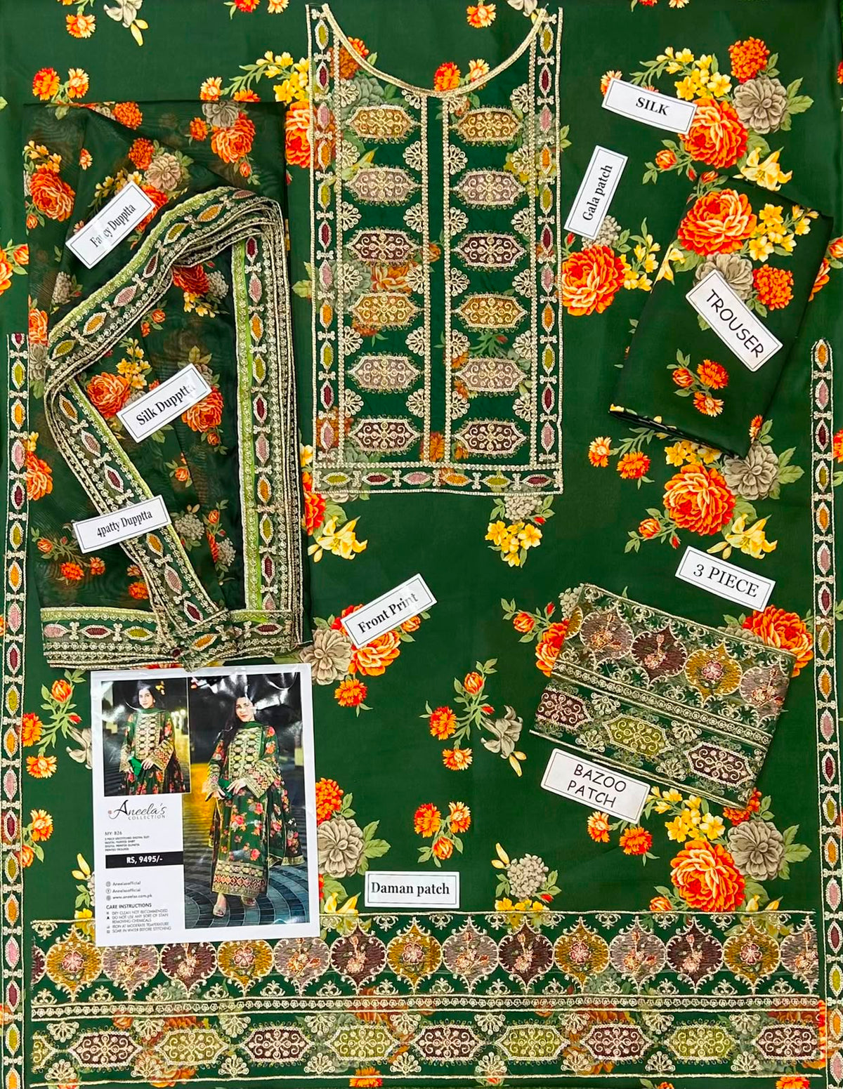 Sabyasachi Aneela's Fine Shamose Silk 3PC – Digital Printed & Embroidered Collection | Ready-to-Wear 4-Side Embroidered Silk Dupatta