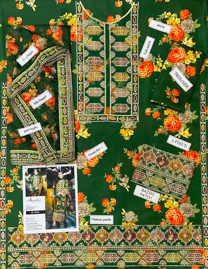 Sabyasachi Aneela's Fine Shamose Silk 3PC – Digital Printed & Embroidered Collection | Ready-to-Wear 4-Side Embroidered Silk Dupatta