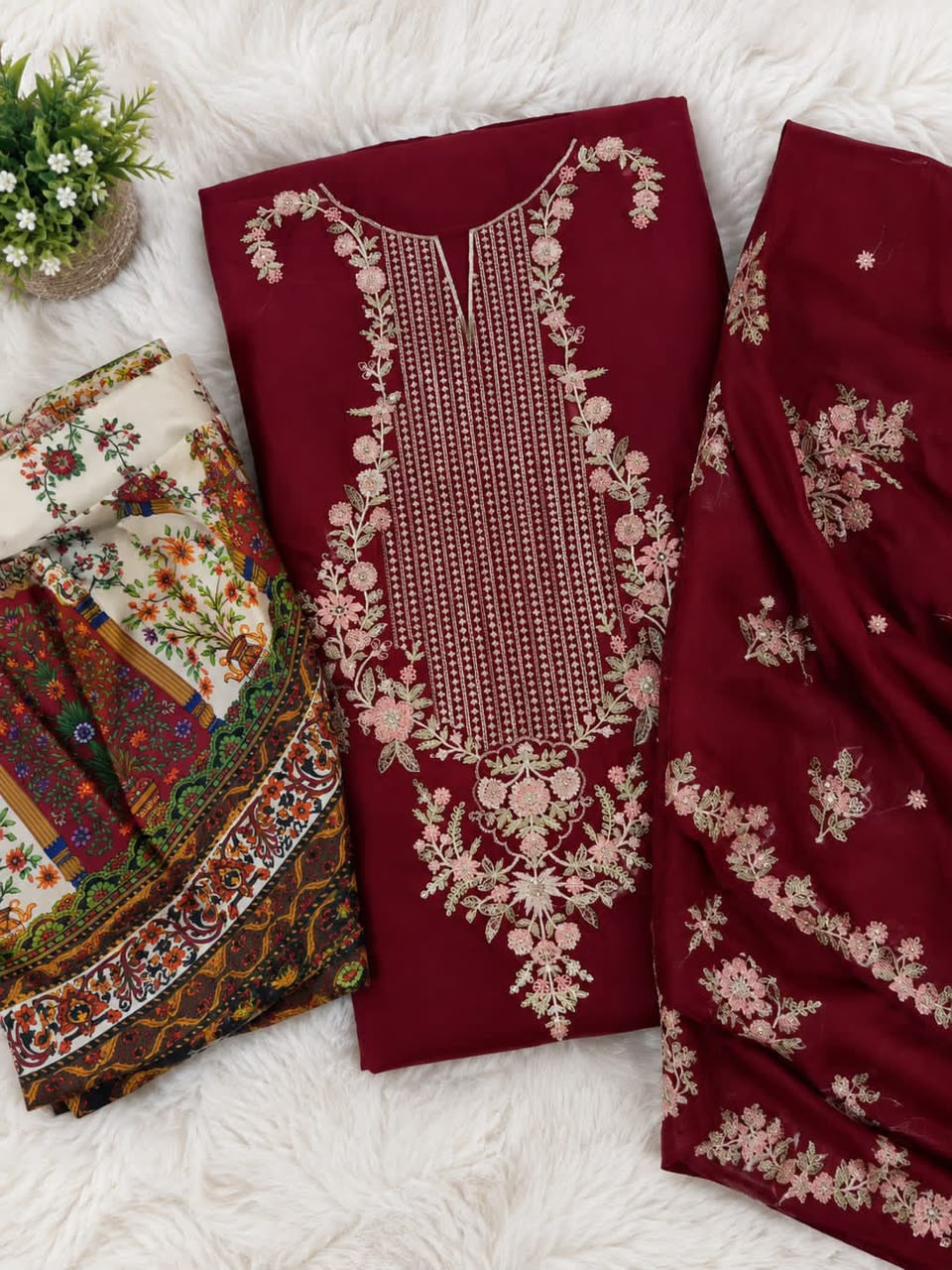 ✨ Premium Maroon Silk 2-Piece Suite | Heavy Thread & Sequence Embroidered Collection | Designer Printed Trouser