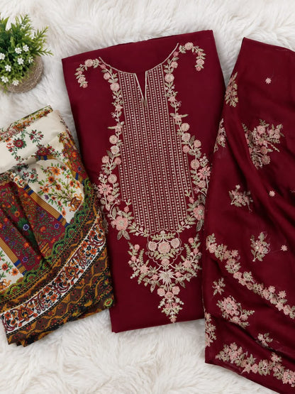 ✨ Premium Maroon Silk 2-Piece Suite | Heavy Thread & Sequence Embroidered Collection | Designer Printed Trouser