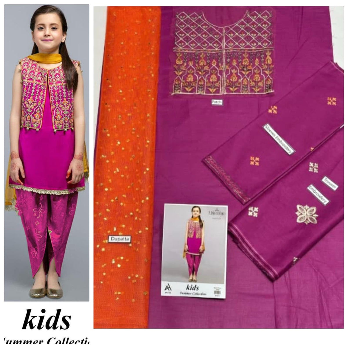 Kids 3-Piece Embroidered Lawn Suit with Net Dupatta & Stylish Patches