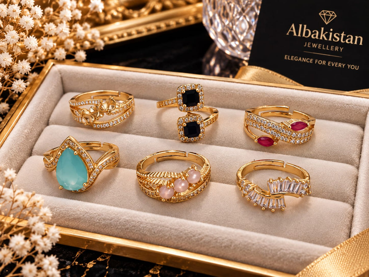 Luxury 6-Pcs Gold Plated Crystal Adjustable Ring Set for Women