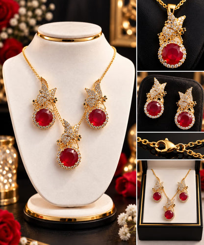 Premium Gold-Plated Butterfly Crystal Pendant Necklace Set for Women (Available in Pink, Green & Black)