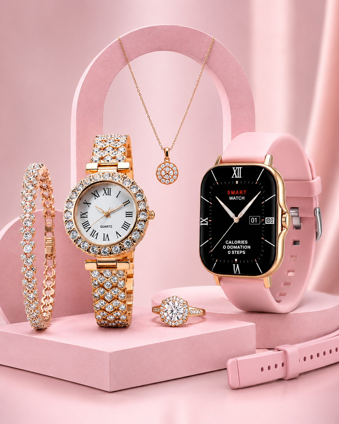 24K Luxury Gift Set for Her | Smart Watch + Diamond Watch + Bracelet + Necklace + Ring + Earrings | Premium Ladies Jewelry & Watch Set