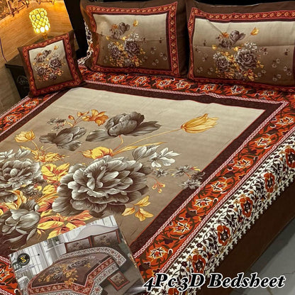 4Pc 3D Panel Bedsheet – Premium Crystal Cotton King Size