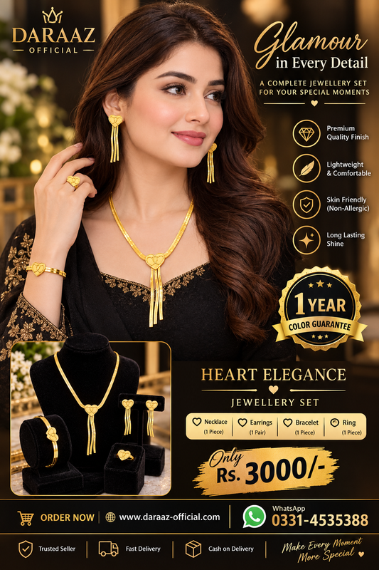 ✨ Heart Elegance Golden Jewelry Set | Premium 4-Piece Set with 1-Year Color Guarantee | Only Rs. 3000 ✨