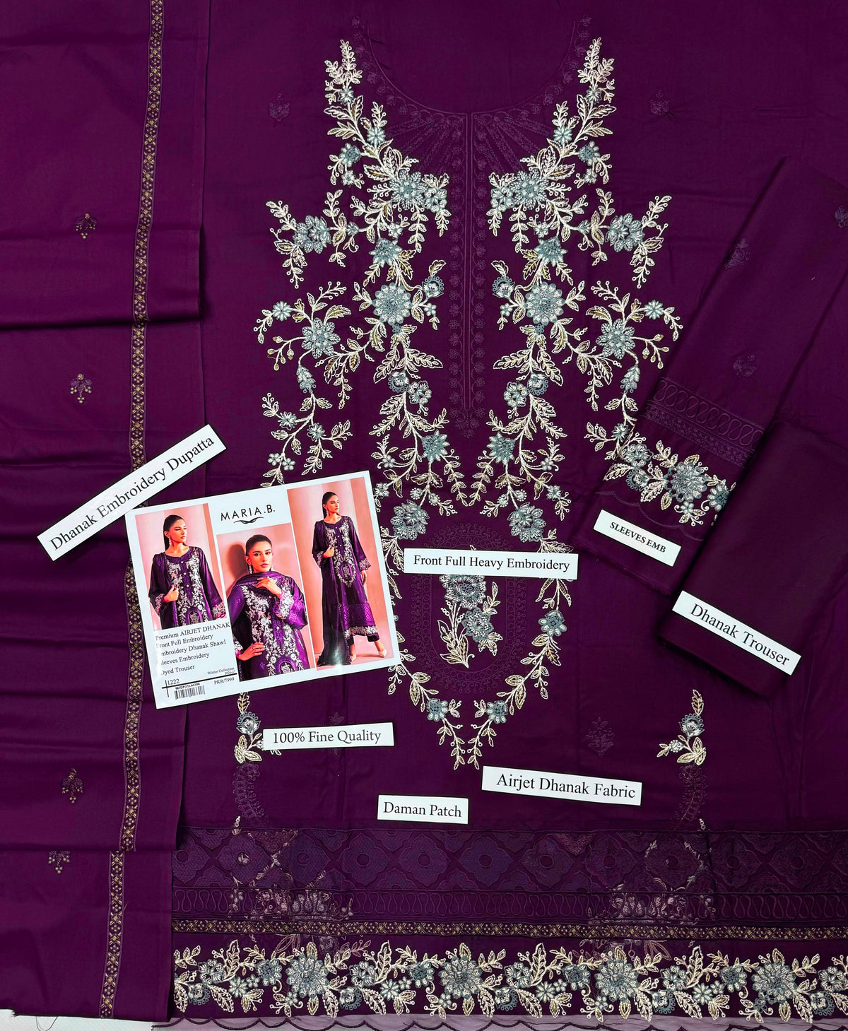Premium Airjet Dhanak Embroidered 3-Piece Suit with Embroidered Dhanak Shawl | Heavy Front & Sleeves Embroidery | Dyed Trouser | Winter Collection 2026-27