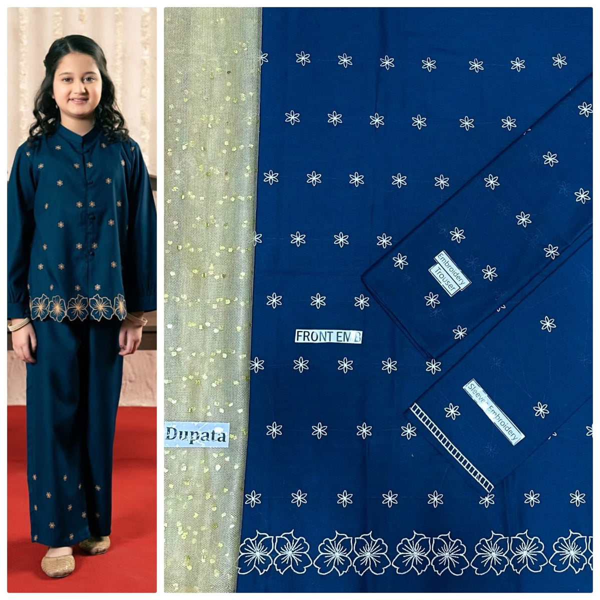 Kids 3-Piece Embroidered Lawn Suit with Net Dupatta & Stylish Patches