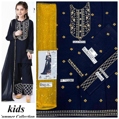 Kids 3-Piece Embroidered Lawn Suit with Net Dupatta & Stylish Patches