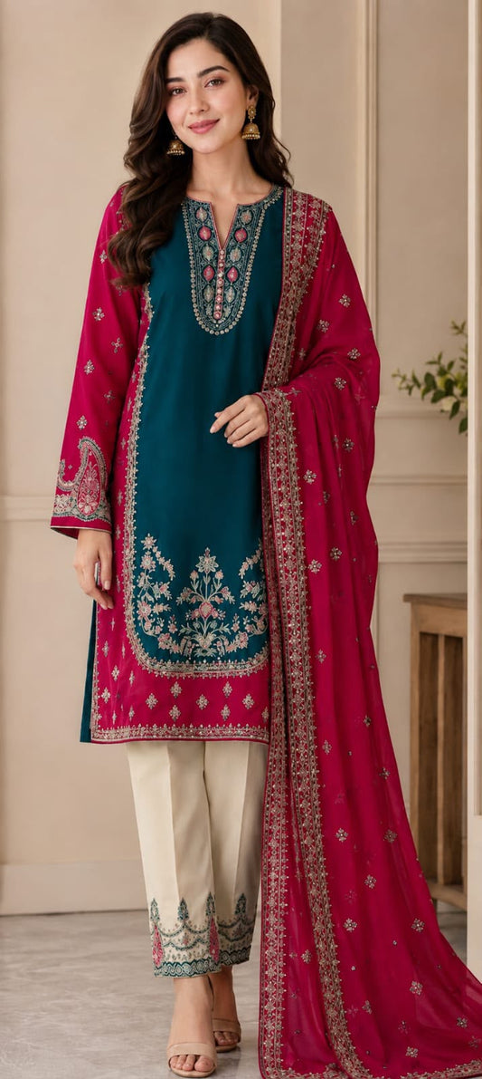 Nishat Silk Collection 2026 – Premium 3PC Embroidered Silk Suit | Ready-to-Wear Chiffon Embroidered Dupatta | Luxury Winter Collection