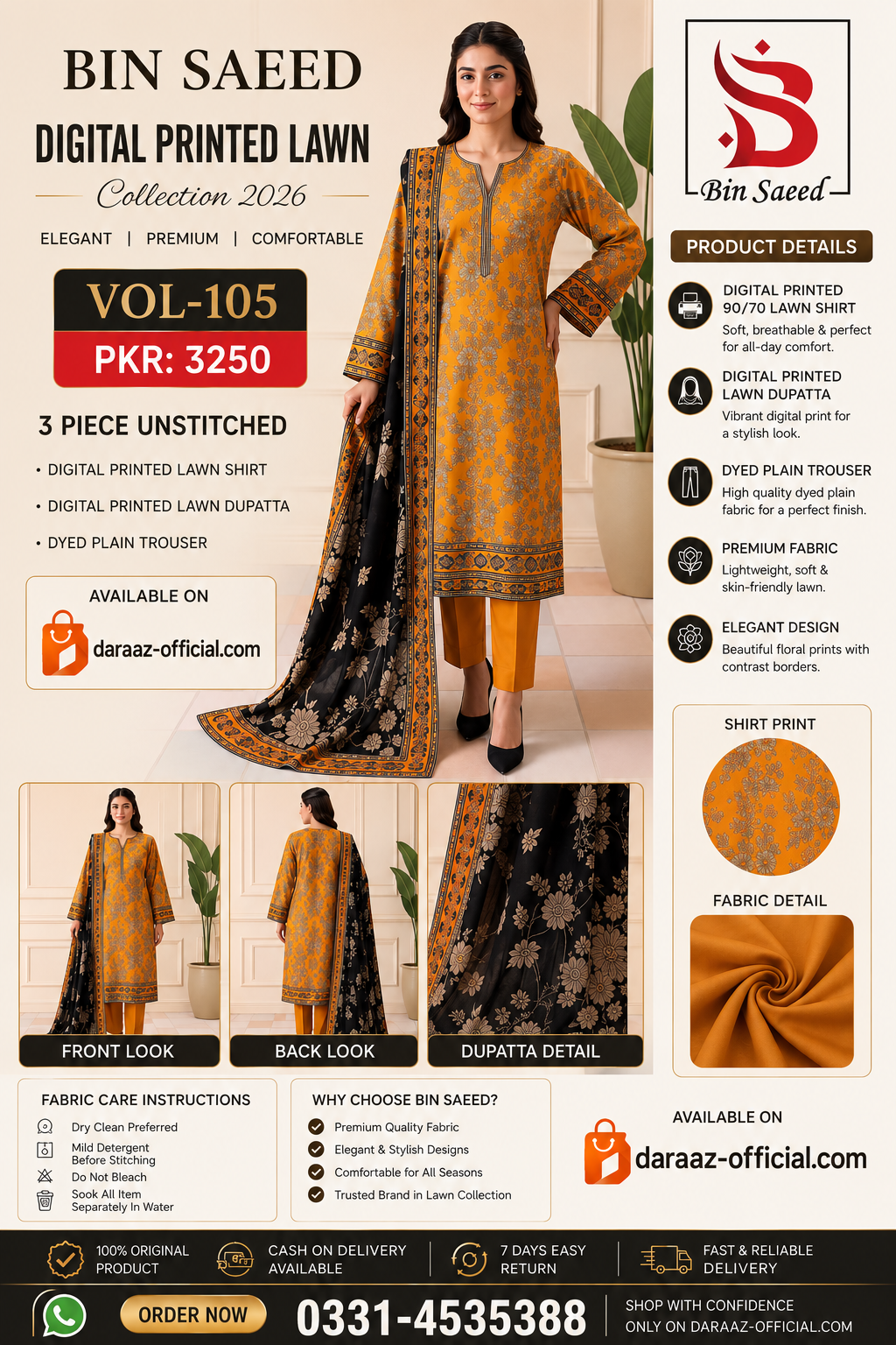 Bin Saeed Digital Printed Lawn Collection 2026 | 3 Piece Unstitched Lawn Suit | Vol-105 | Premium Printed Lawn Suit | PKR 3250