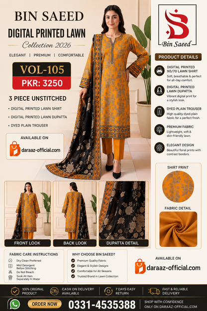 Bin Saeed Digital Printed Lawn Collection 2026 | 3 Piece Unstitched Lawn Suit | Vol-105 | Premium Printed Lawn Suit | PKR 3250