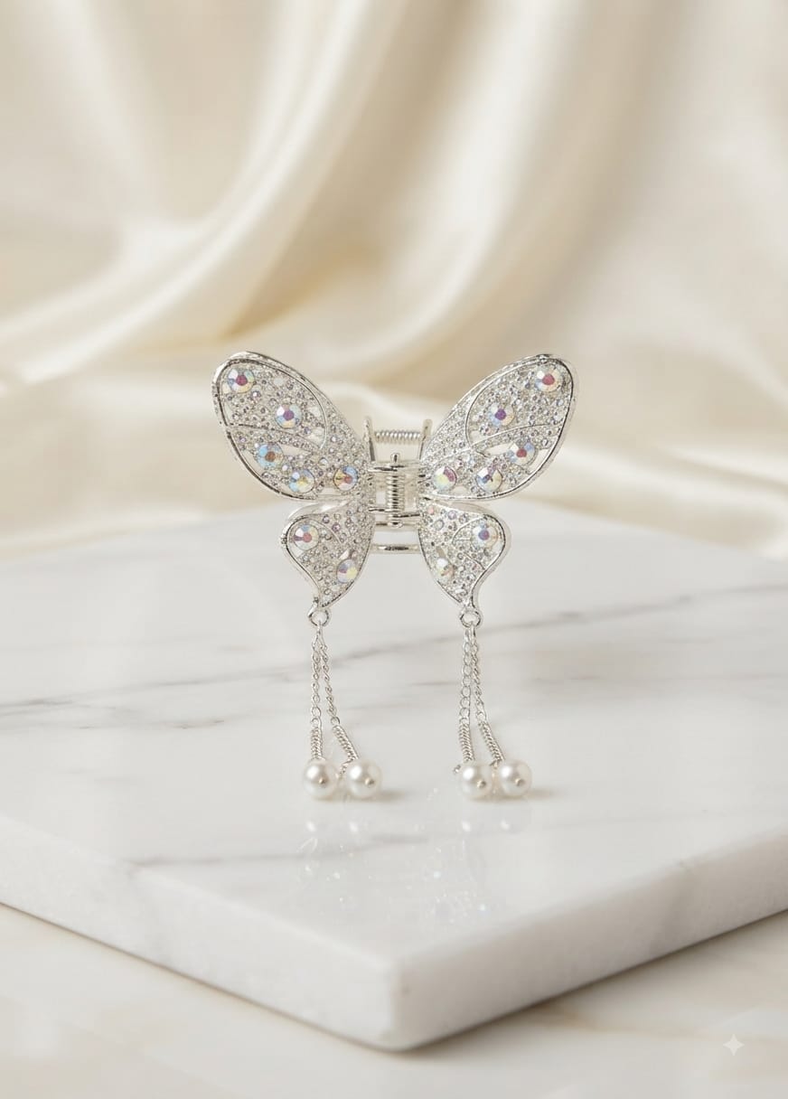 Elegant Butterfly Crystal Hair Catcher with Pearl Tassels – Stylish & Trendy Hair Clip for Women