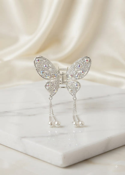 Elegant Butterfly Crystal Hair Catcher with Pearl Tassels – Stylish & Trendy Hair Clip for Women