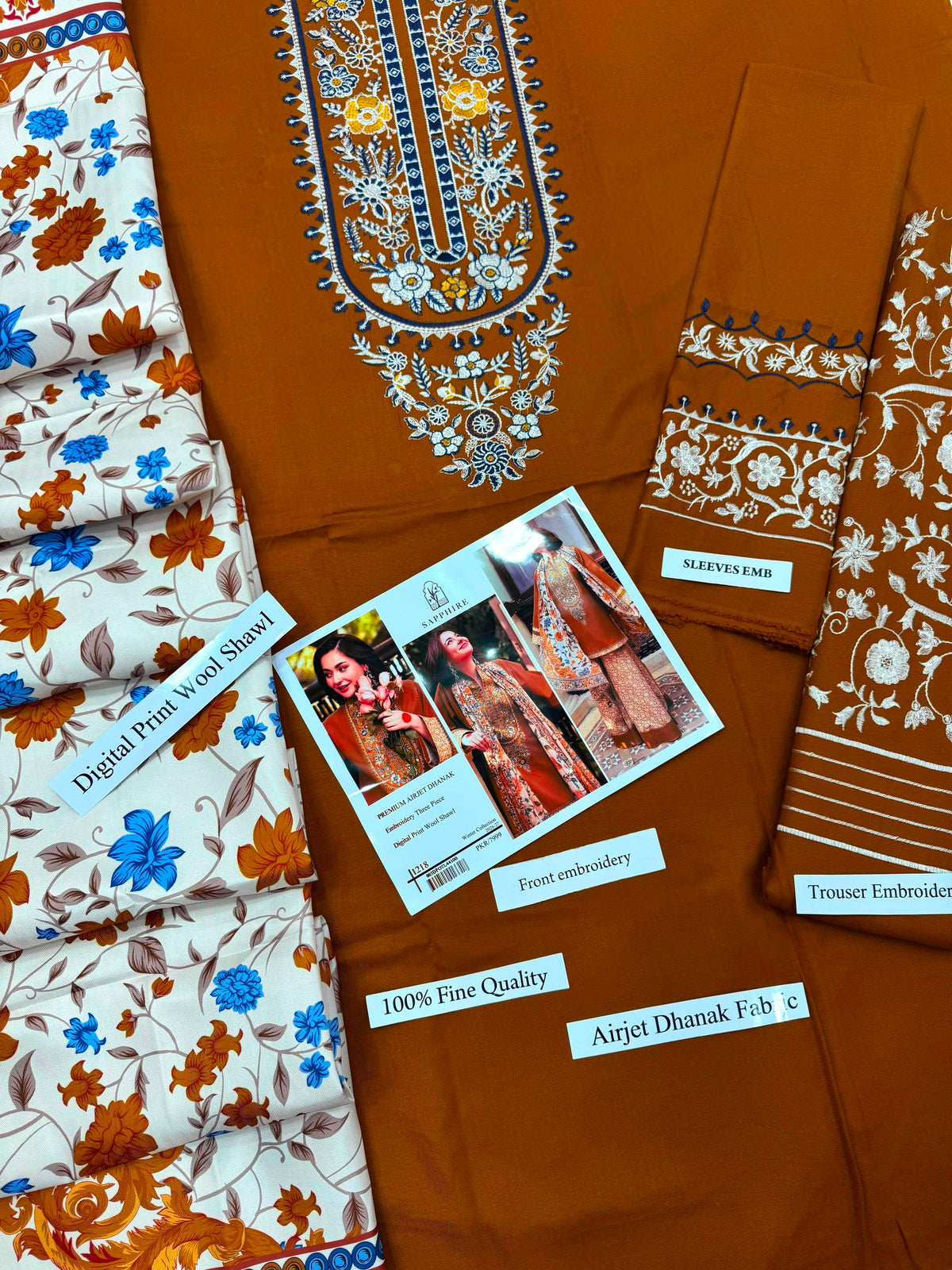 Premium Airjet Dhanak 3-Piece Suit with Digital Wool Shawl | Winter Collection 2026-27 | Full Embroidered Front & Sleeves
