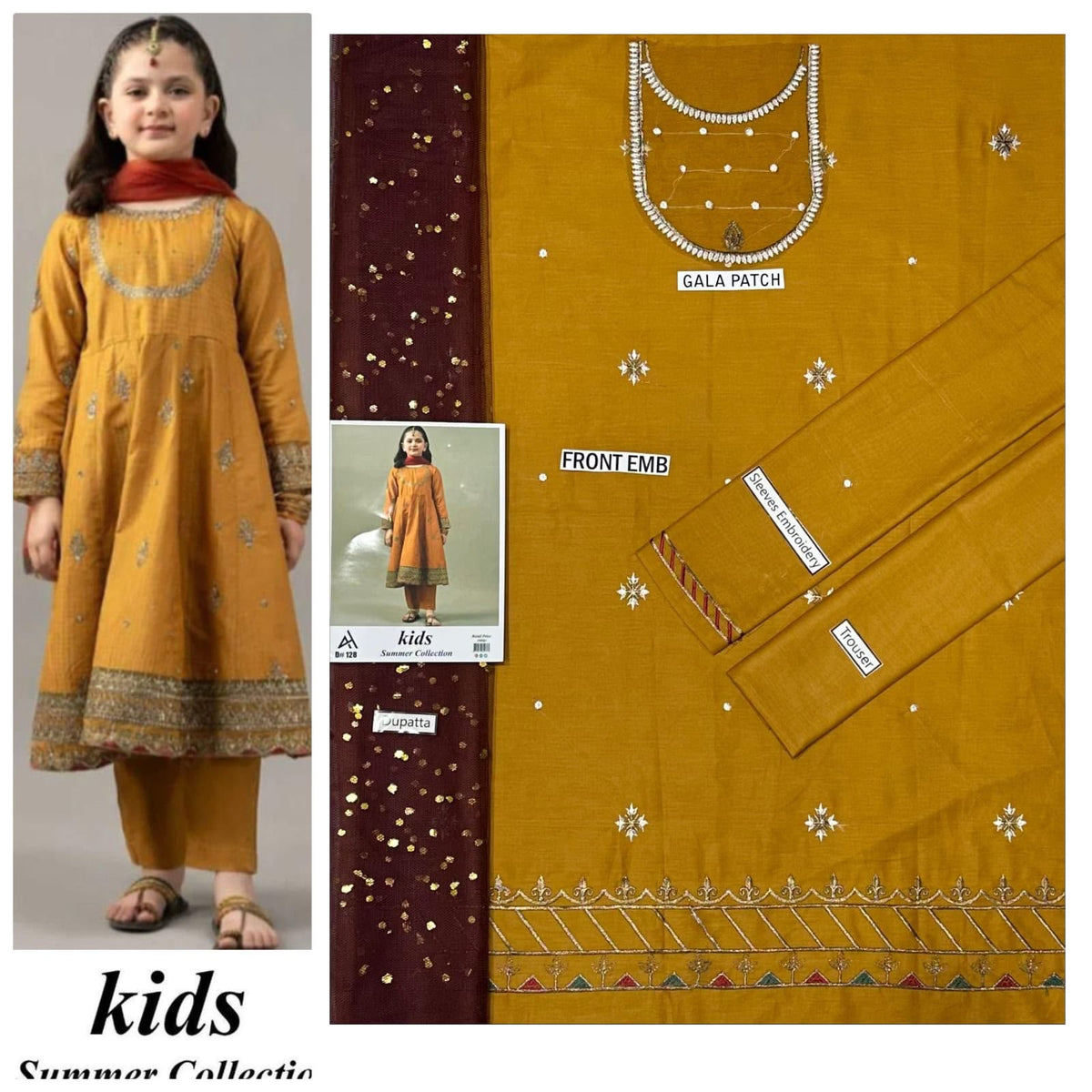 Kids 3-Piece Embroidered Lawn Suit with Net Dupatta & Stylish Patches