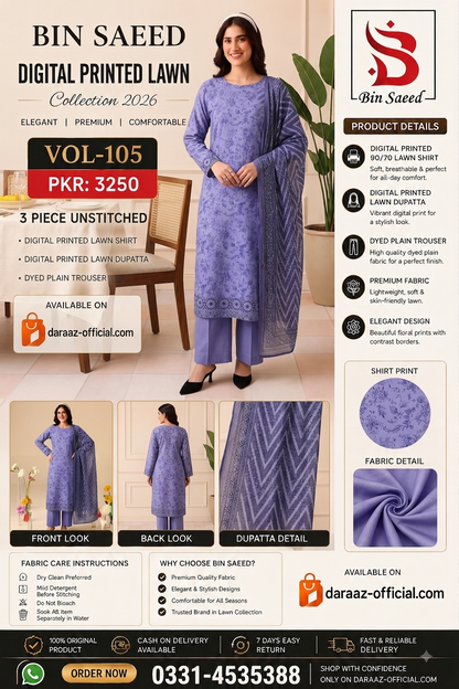 Bin Saeed Digital Printed Lawn Collection 2026 | 3 Piece Unstitched Lawn Suit | Vol-105 | Premium Printed Lawn Suit | PKR 3250