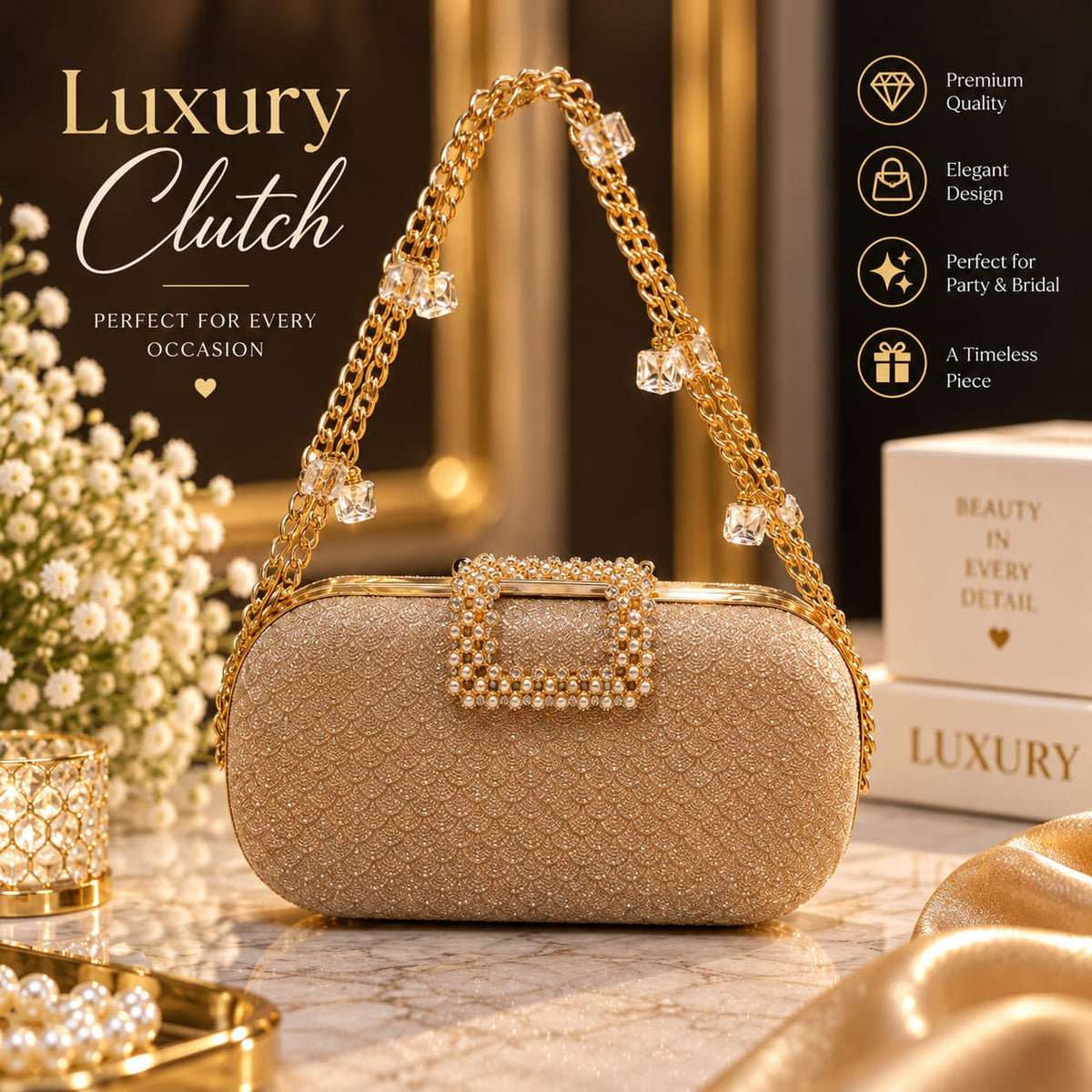 Elegant Crystal Floral Lace Bridal Clutch Bag | Premium Party Wear Purse for Women ✨