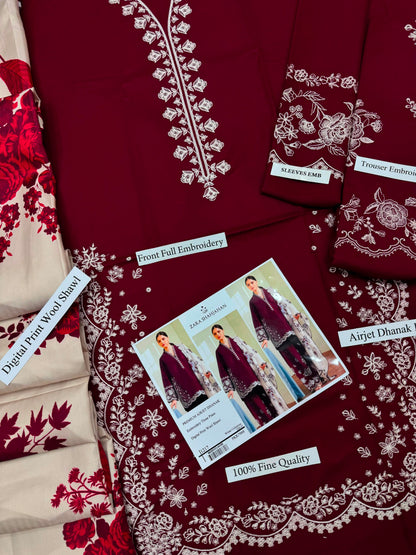 Zara Shahjahan Premium Dhanak Embroidered 3-Piece Suit | Digital Wool Shawl | Winter Collection 2026-27