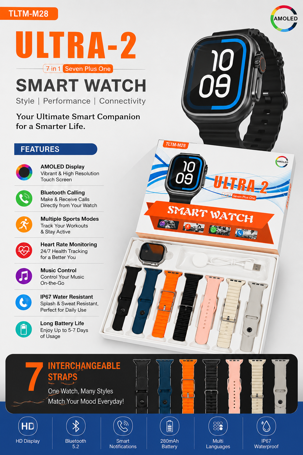 Ultra 2 Smart Watch TLTM-M28 | AMOLED HD Display, Bluetooth Calling, Heart Rate Monitor, Sports Modes, Smart Notifications, IP67 Waterproof, 7 Interchangeable Straps