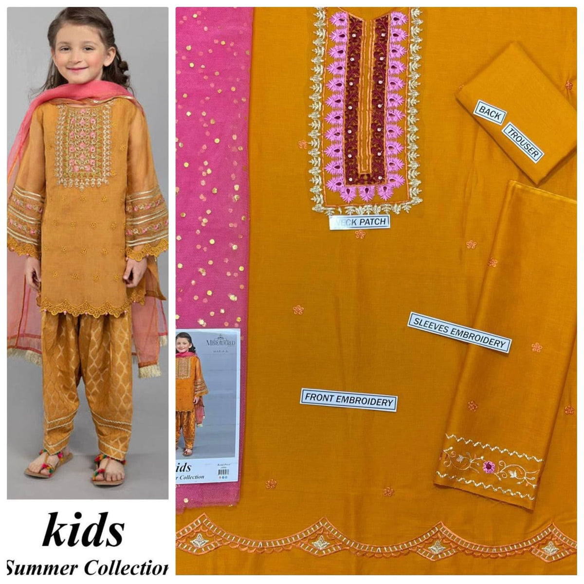 Kids 3-Piece Embroidered Lawn Suit with Net Dupatta & Stylish Patches