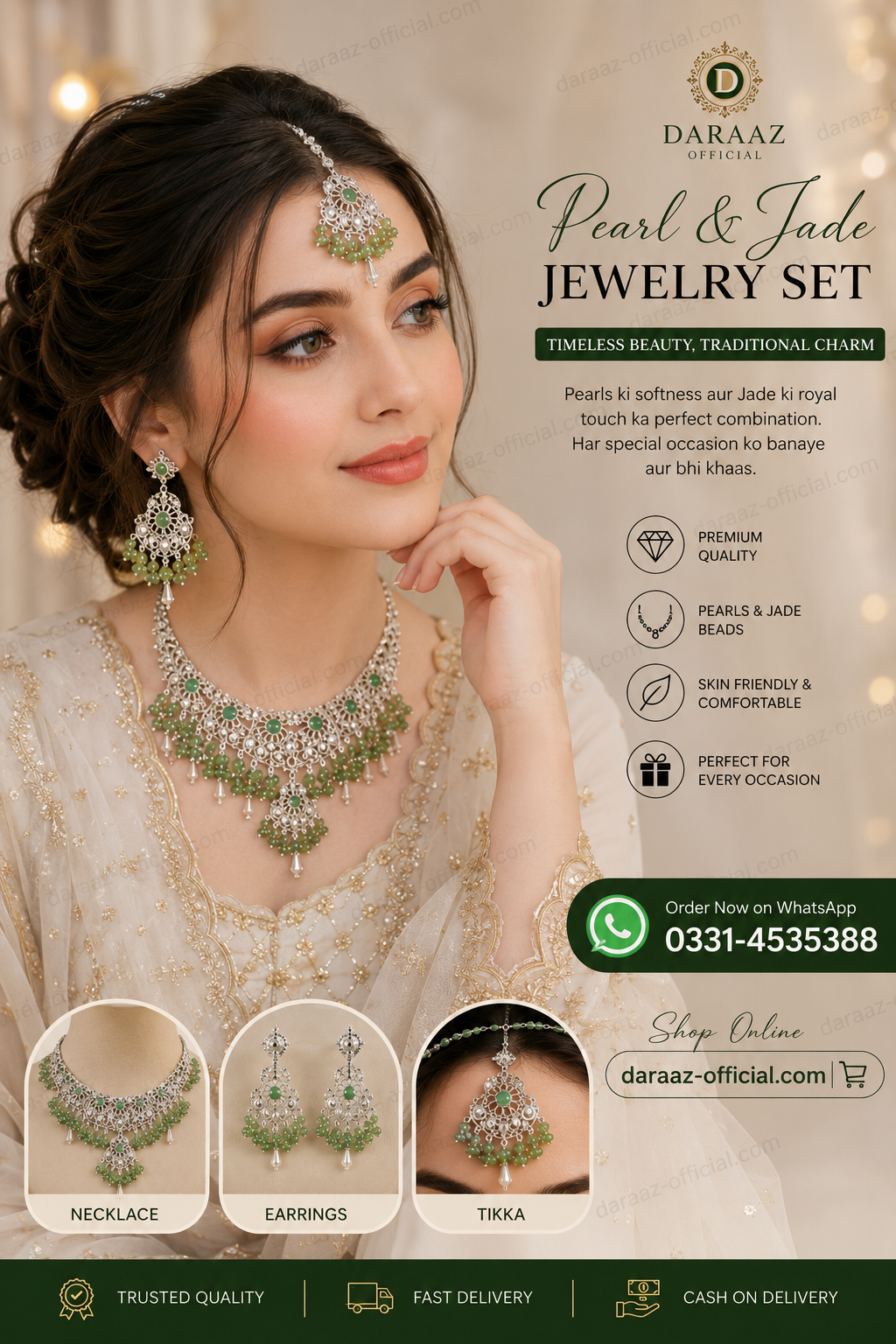 Elegant Pearl & Jade Jewelry Set – Premium Traditional Necklace, Earrings & Tikka Set