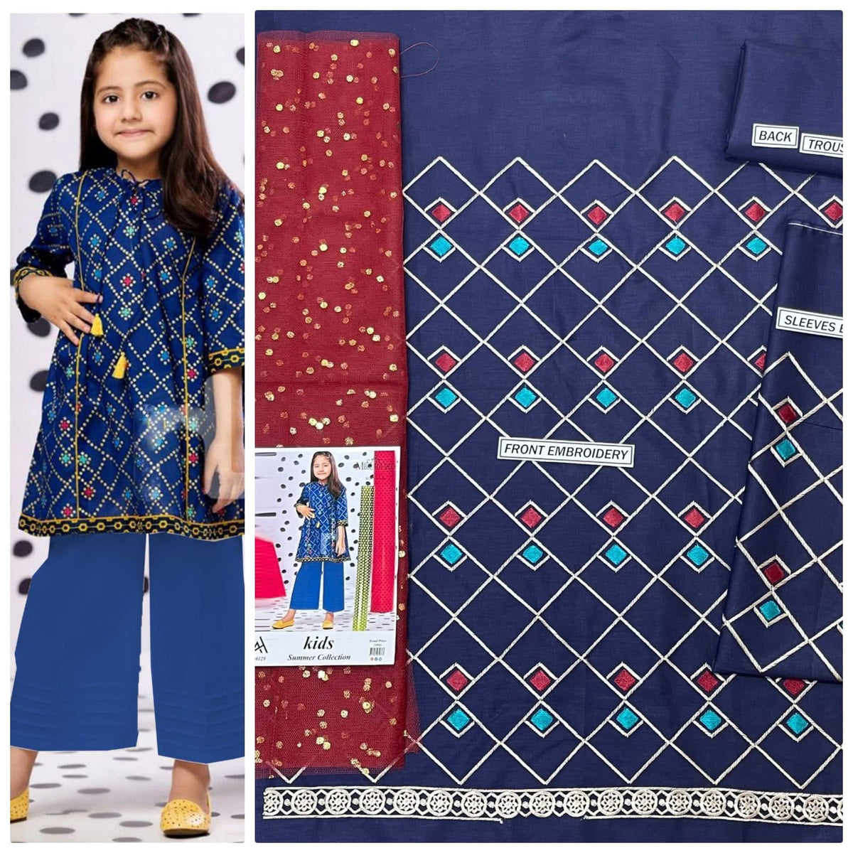 Kids 3-Piece Embroidered Lawn Suit with Net Dupatta & Stylish Patches