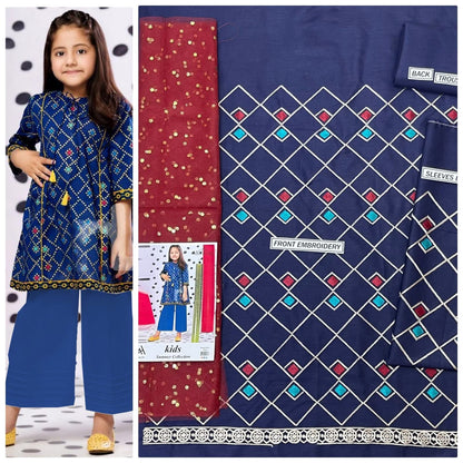 Kids 3-Piece Embroidered Lawn Suit with Net Dupatta & Stylish Patches
