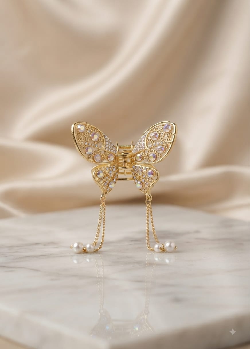 Elegant Butterfly Crystal Hair Catcher with Pearl Tassels – Stylish & Trendy Hair Clip for Women