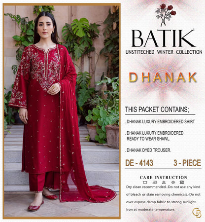 Batik 4143 Premium Winter Dhanak Collection 2026-27 | Heavy Embroidered 3-Piece Suit