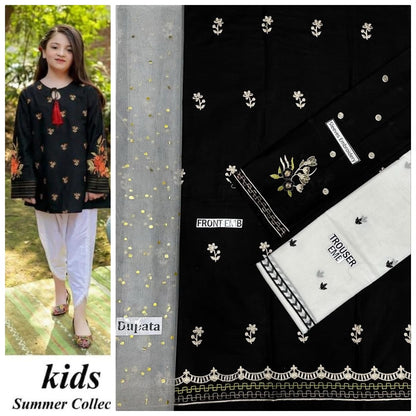 Kids 3-Piece Embroidered Lawn Suit with Net Dupatta & Stylish Patches